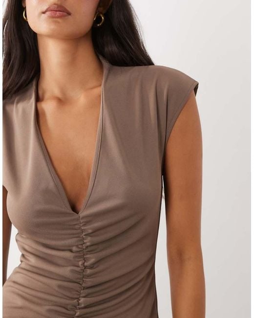 ASOS Brown Ruched Waist Deep V Maxi Dress