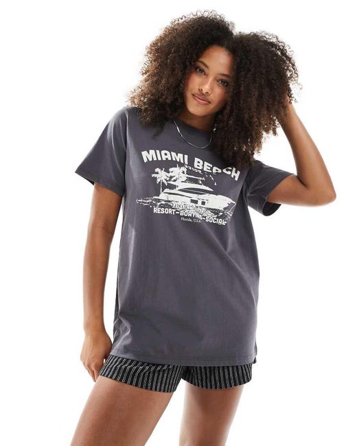Daisy Street Blue Oversized T-Shirt With Miami Beach Graphic