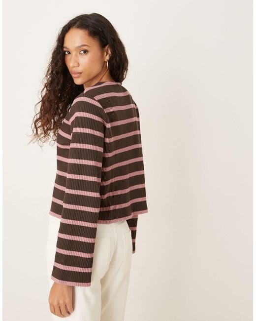 ASOS Brown Cut And Sew Stripe Button Through Long Sleeve Top Co Ord