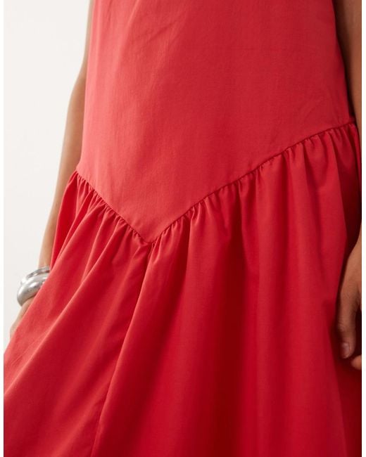 ASOS Red Poplin Slash Neck Dropped Waist Maxi Dress