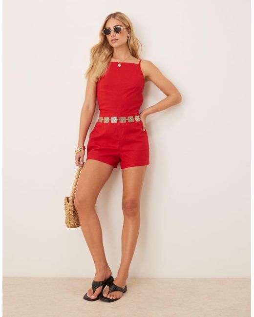 Abercrombie & Fitch Red Jumpsuit Apron Neck Linen Romper