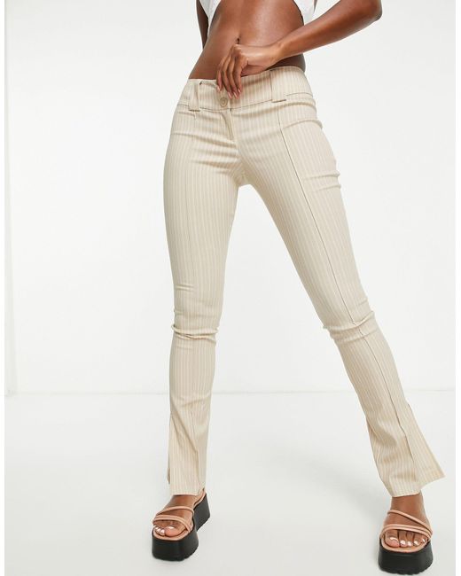 TOPSHOP Bengaline Double Button Pinstripe Print Low Rise Flare Trouser in Brown | Lyst Canada