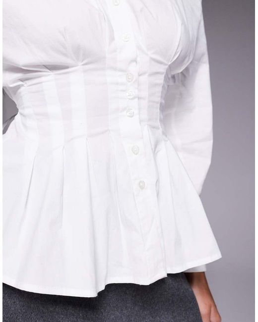 Wanderdoll White Andy Shoulder Pad Cinched Waist Button Through Shirt