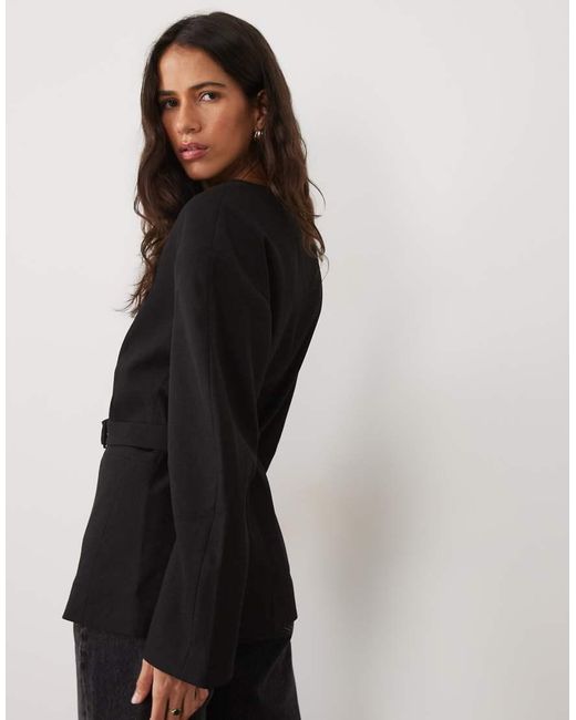 ASOS Black Tailored Collarless Nipped Waist Belted Blazer
