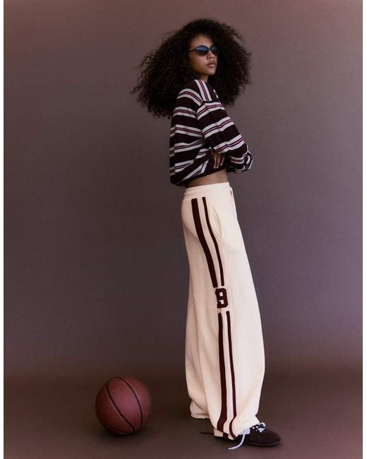Bershka White Embroidered Wide-Leg Plush Trousers