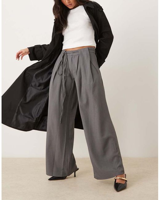 Motel Gray Rivela Tie Waist Wide Leg Tailored Trousers