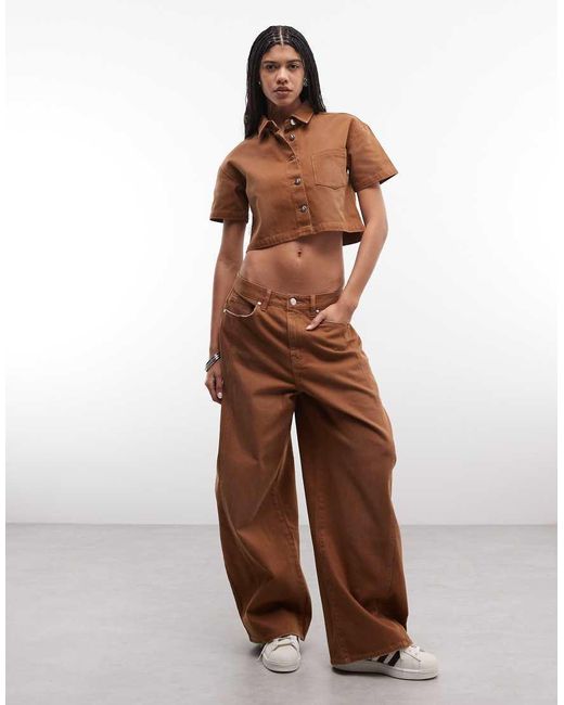 Liquor N Poker Brown Boxy Cropped Denim Shirt