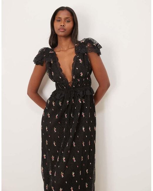 For Love & Lemons Natural Poppy Pleated Lace Maxi Dress