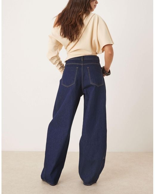 ASOS Blue High Waist Barrel Leg Jean With Panel Detail