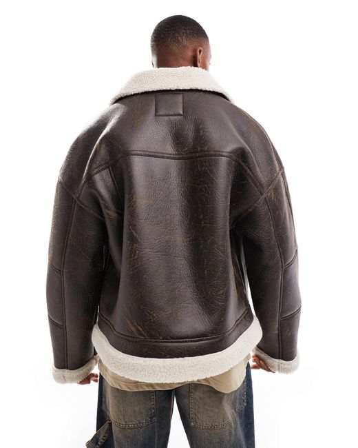 Bershka Gray Faux Leather Washed Jacket With Shearling for men