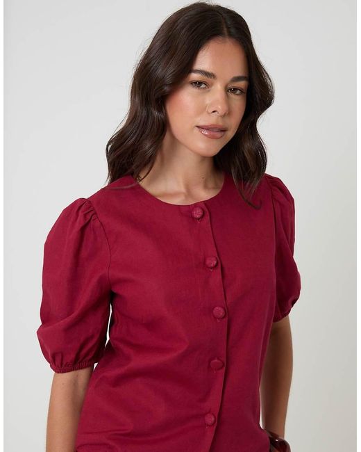 Threadbare Red Linen Blend Puff Sleeve Top
