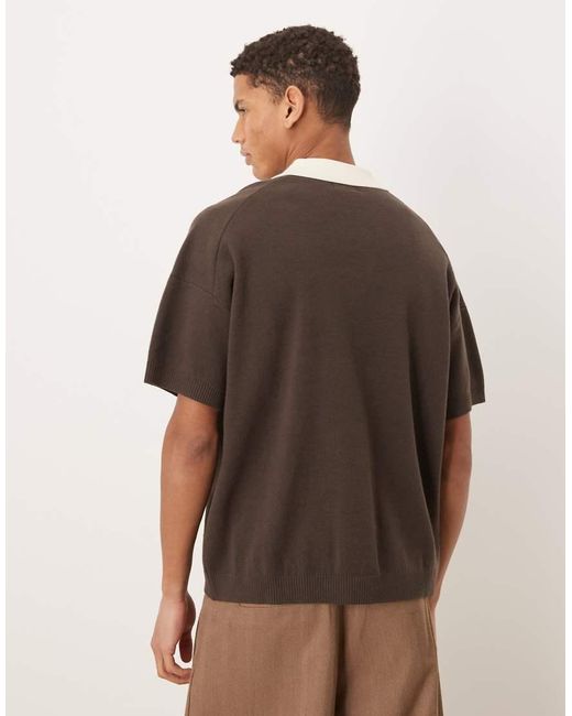 ASOS Brown Relaxed Knitted Notch Neck Polo With Front Pocket for men