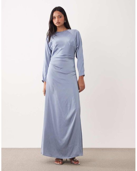 TFNC London Blue Bridesmaids Long Sleeve Satin Maxi Dress