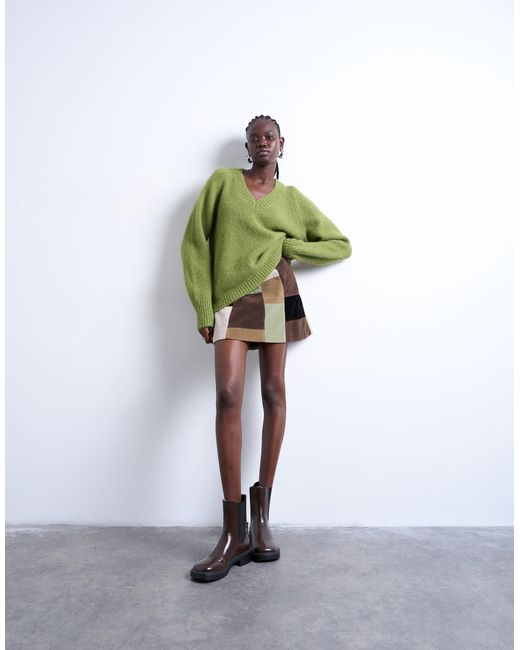 TOPSHOP Green Knitted Wool Blend Fluffy V Neck Jumper