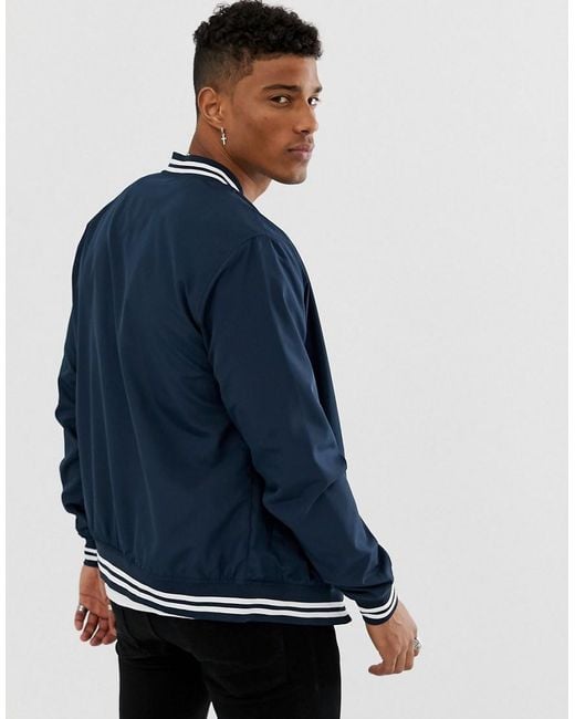 Jack & Jones Denim Originals Lightweight Bomber Jacket With Cuff Stripe in  Navy (Blue) for Men | Lyst