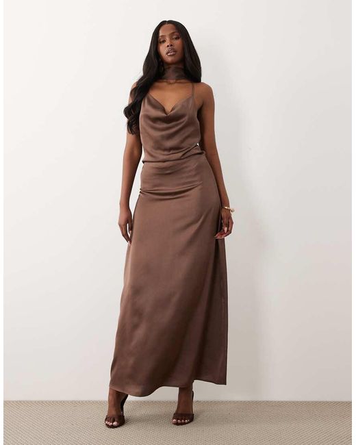 Jdy Brown Cowl Neck Satin Maxi Dress With Open Back And Scarf