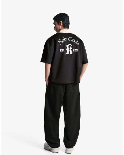 Bershka Overhemd Met Korte Mouwen, Borduursel En Rechte Pasvorm in het Black voor heren