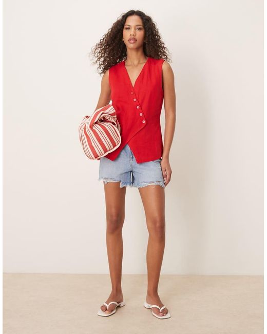 Abercrombie & Fitch Red Longline Asymmetric Linen Vest
