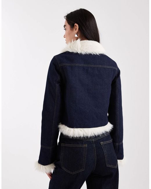 Daisy Street Blue Asymmetric Denim Jacket With Fur Trims And Tie Detail Fastening