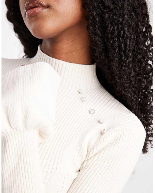The Frolic White Exclusive Ribbed Knit Pearl Detail Flare Sleeve Jumper