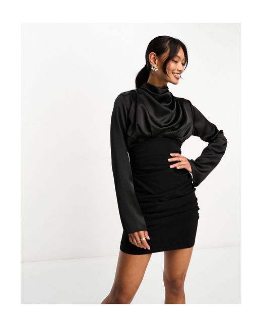 ASOS Black High Neck Satin Mini Dress With Structured Skirt