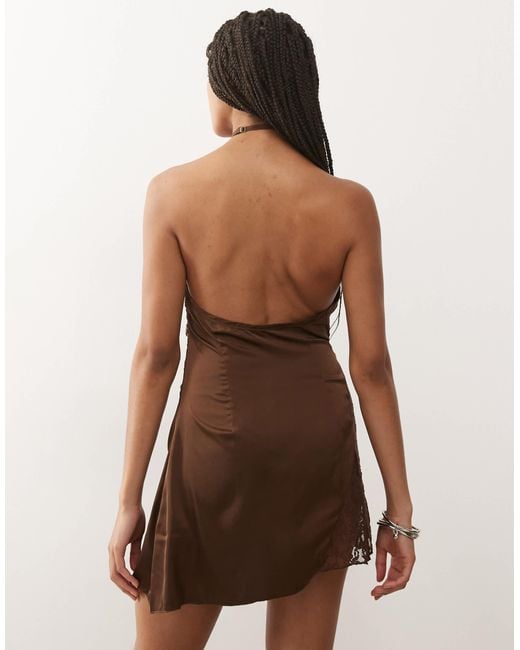 Lioness Amore Satin Sheer Lace Bust Panelling Detail Halterneck Mini Dress in Brown | Lyst Lioness Amore Satin Sheer Lace Bust Panelling Detail Halterneck Mini Dress in Brown | Lyst