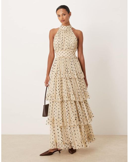 LACE & BEADS Natural Tulle Tiered High Neck Maxi Dress