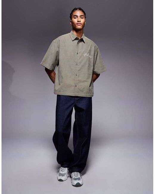 Camisa De Corte Cuadrado Extragrande Con Bordado En El Pecho De Pana De -Verde ASOS de hombre de color Gray