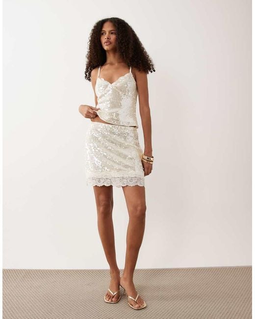 New Look Natural Lace Trim Sequin Mini Skirt Co-Ord