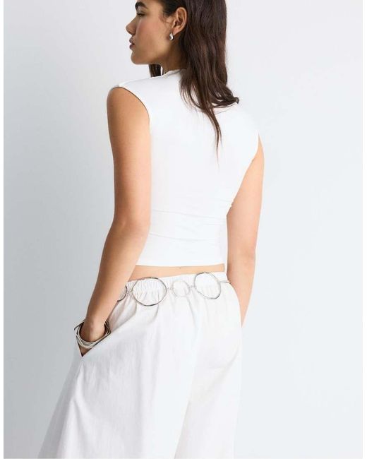 Stradivarius White Polyamide Ruched Square Neck T-shirt