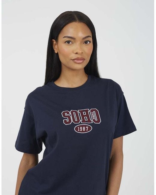 Brave Soul Blue Cotton Embroidered Short Sleeve T-Shirt