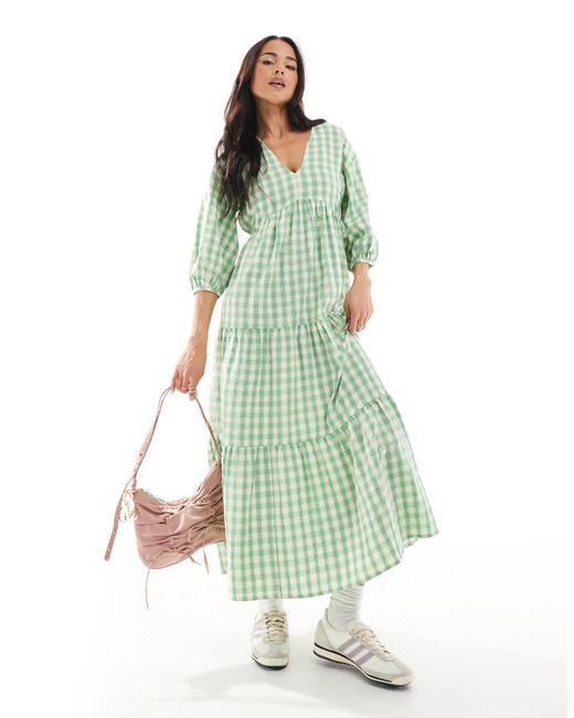Robe babydoll mi-longue à col v - vichy New Look en coloris Green