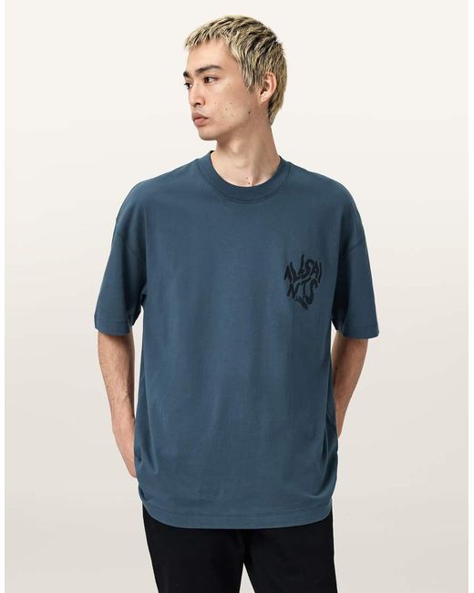AllSaints Blue Orlando Logo Print Oversized T-Shirt for men