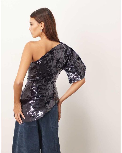 ARRANGE Blue Sculptural One Shoulder Sequin Top