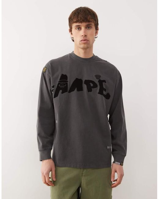 Aape By A Bathing Ape Gray Aape By A Bathing Ape Oversized Long Sleeve T-shirt for men