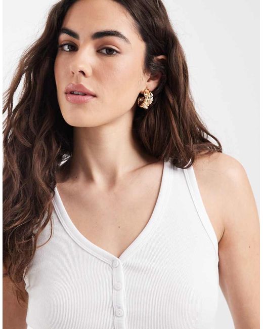 New Look White V Neck Ribbed Button Through Top