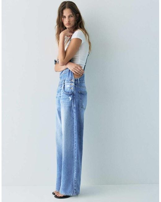 Pull&Bear Blue Long Denim Dungarees