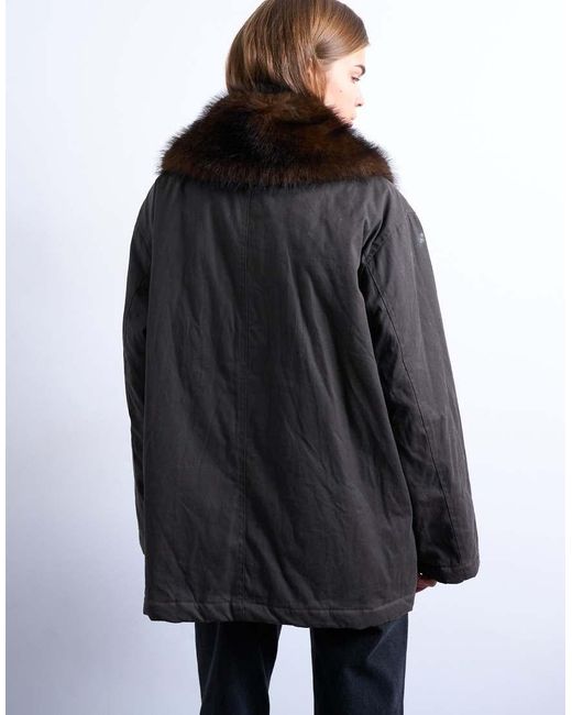 TOPSHOP Black Waxy Shacket With Faux Fur Collar