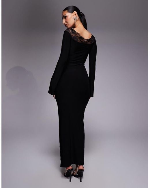 Fashionkilla Black Exclusive Slinky Lace Trim Bardot Flare Sleeve Maxi Dress