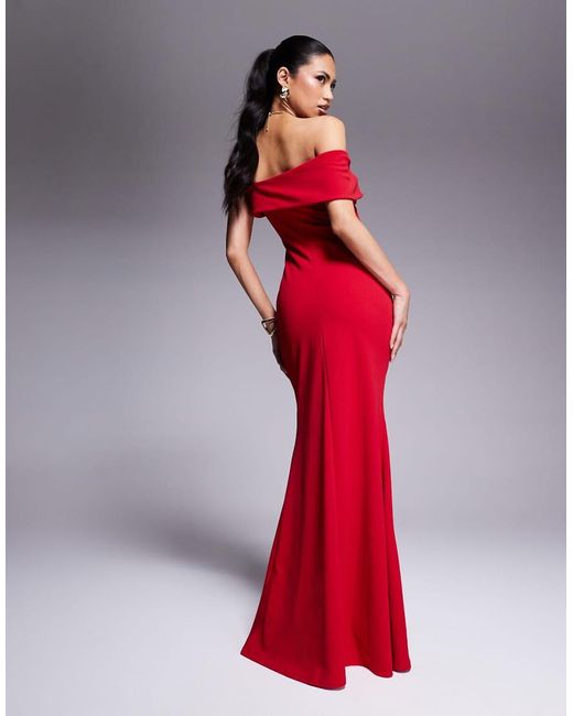 Goddiva Red Off The Shoulder Pleated Waist Maxi Dress