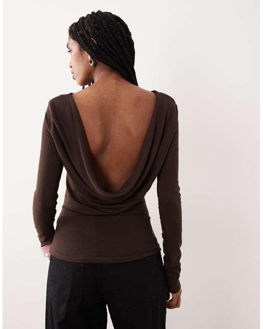 Gina Tricot Natural Long Sleeve Slim Fit Top With Open Drapey Back