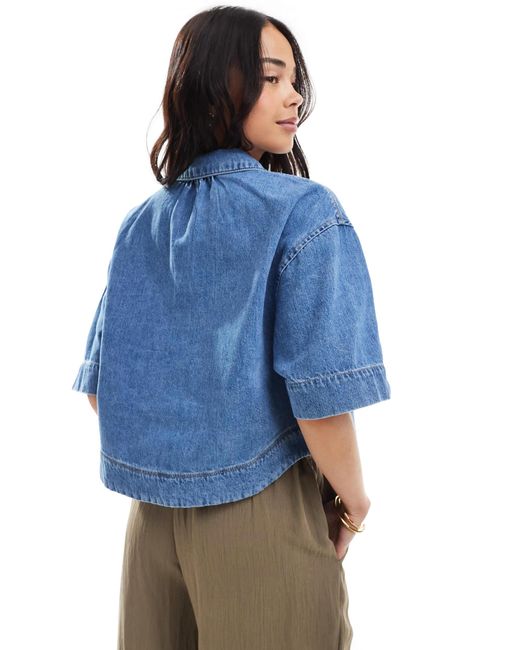 ONLY Blue Boxy Cropped Denim Shirt