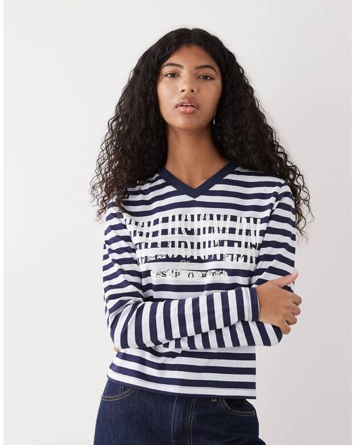 Collusion Blue Long Sleeve V-neck T-shirt