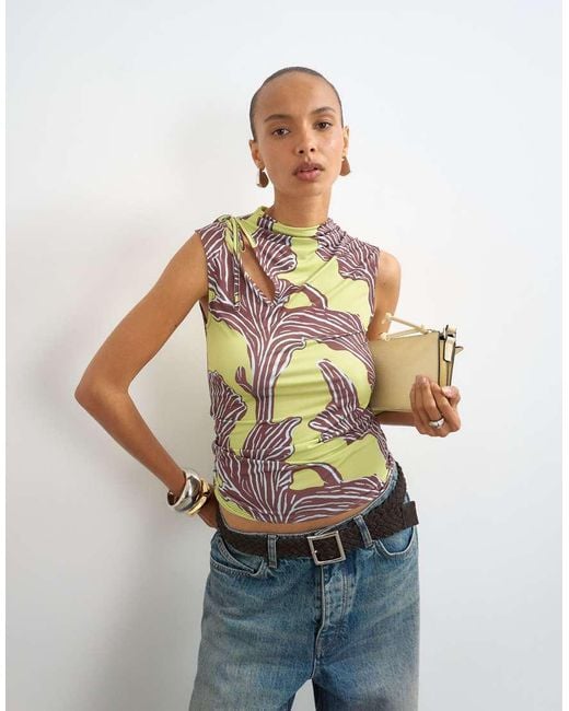 TOPSHOP Green Printed Ruched Neck Tie Cut Out Top