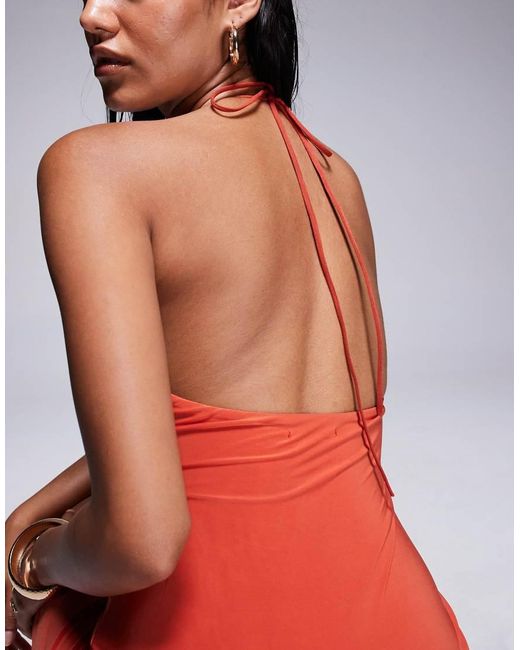 Fashionkilla Red Exclusive Slinky Double Sculpted Halter Cowl Neck Low Back Mini Dress