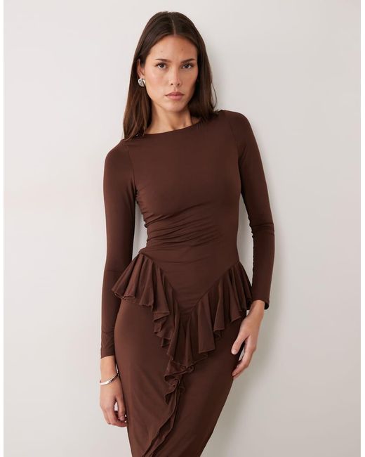 Ruched & Ready Brown Sculpting Long Sleeve Ruffle Drape Detail Maxi Dress