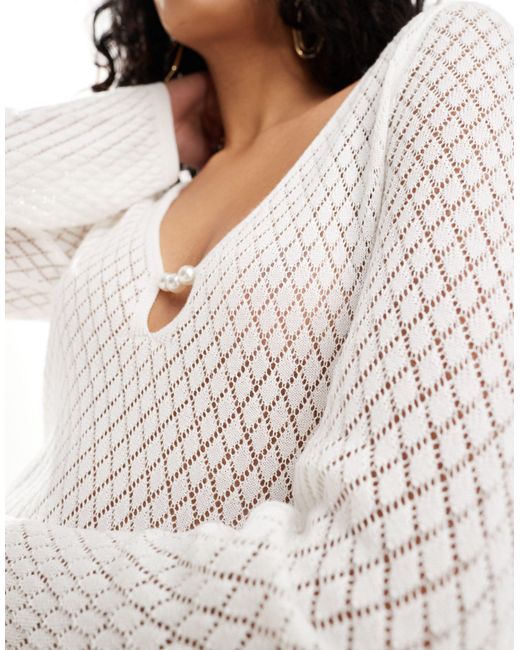 Pretty Lavish White Hen Crochet Knit Cut-out Maxi Dress
