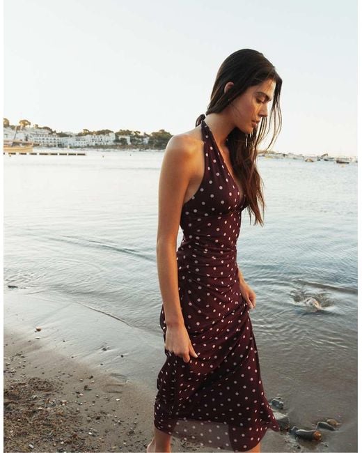 Stradivarius Brown Halter Neck Backless Midi Dress