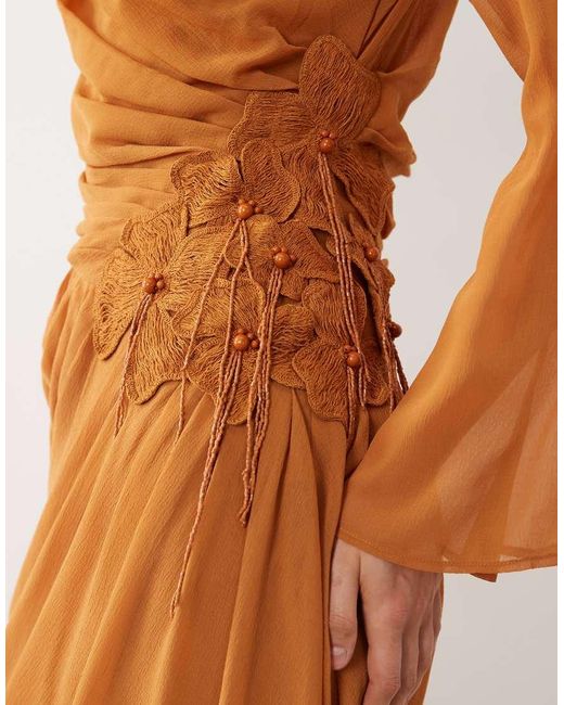 ASOS Brown Chiffon Maxi Dress With 3d Embroidered Flower Hip Detail