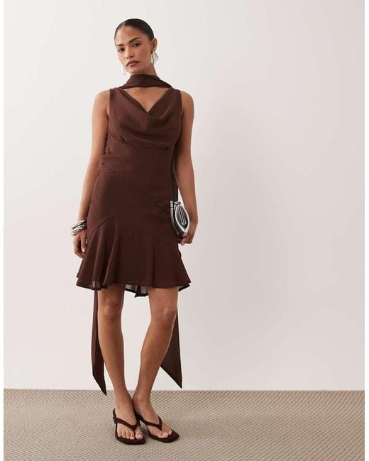 Never Fully Dressed Brown Petite Sophie Chiffon Cowl Neck Scarf Detail Mini Dress